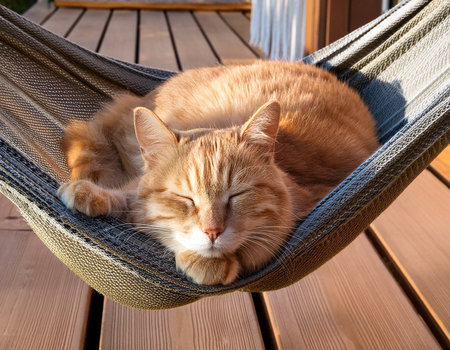 Title Adorable orange and white cat sleeping peacefully in hammock outdoors, surrounded by lush greenery and leavesの写真素材