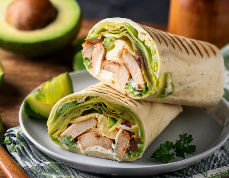 Grilled chicken avocado wrap on a plate with fresh avocado and greens, healthy and delicious lunch option.の写真素材