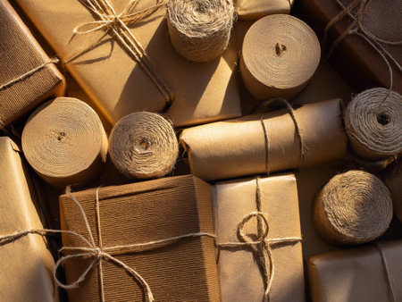 An assortment of boxes wrapped in brown paper, elegantly tied with string, creating a charming and...