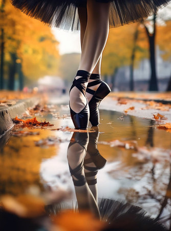 A tiptoe ballet dancer dances carefree in a puddle. The woman, wearing a black tutu dress and black...