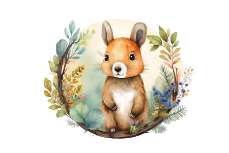 Interesting illustration or postcard with animal motif in round botanical frame. Autumn colors. Watercolor on structured paper.の写真素材