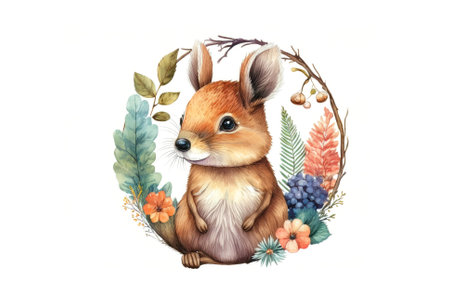 Interesting illustration or postcard with animal motif in round botanical frame. Autumn colors. Watercolor on structured paper.の写真素材