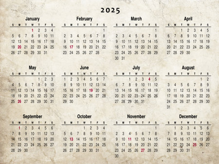 Old damaged paper planner with calendar for 2025. Sepia tones.の写真素材