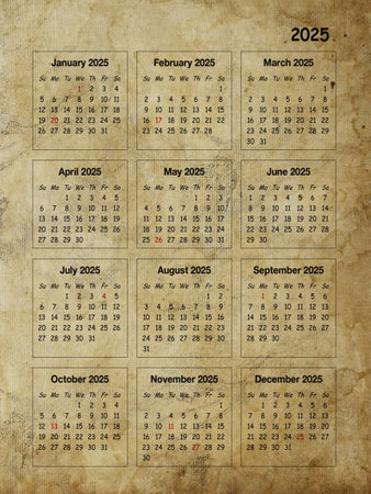 Old damaged paper planner with calendar for 2025. Sepia tones.の写真素材