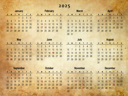 Old damaged paper planner with calendar for 2025. Sepia tones.の写真素材