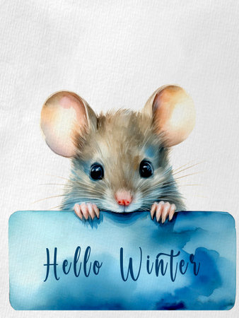 A cute small mouse with a blue sign saying "Hello Winter," amidst a picturesque winter environment. Watercolor on paper texture.の写真素材