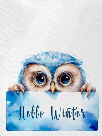 A winter owl illustrated in watercolor on textured paper, embodying the peaceful spirit of the cold season. Space for text.の写真素材