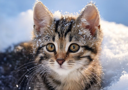 Tabby kitten playing in the snow, showing their playful nature and fluffy fur under a sunny winter sky.の写真素材