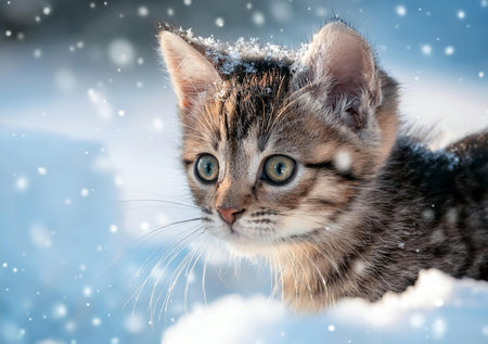 Tabby kitten playing in the snow, showing their playful nature and fluffy fur under a sunny winter sky.の写真素材