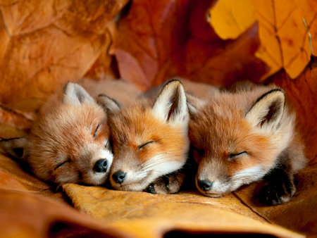 Three foxes curled up and sleeping soundly together in a cozy pile of colorful autumn leaves.の写真素材
