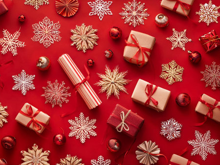 A festive Christmas background featuring beautifully wrapped presents surrounded by delicate snowflakes.の写真素材