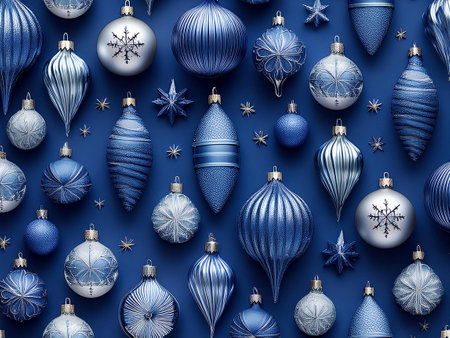A striking blue background filled with various Christmas ornaments, symbolizing the joy of the festive season.の写真素材