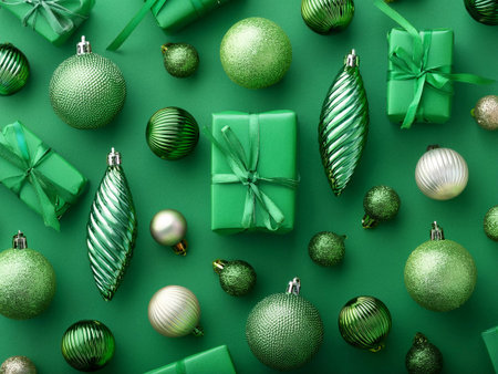 Festive Christmas decorations with green ornaments and wrapped gifts on a matching green background. Perfect for holiday themes and festive design inspiration.の写真素材