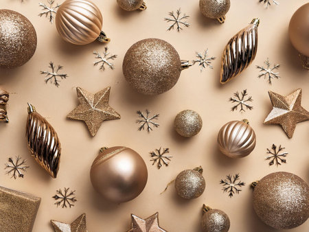 Golden Christmas decorations arranged on a beige background, featuring ornaments, garlands, and festive accents.の写真素材