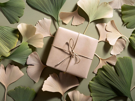 Eco-friendly gift wrapped in brown paper with twine surrounded by ginkgo leaves on a green background. Perfect for sustainable and nature-themed presents.の写真素材