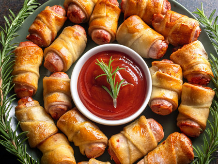 A tempting display of sausage rolls on a platter, complemented by ketchup and enhanced with aromatic rosemary sprigs.の写真素材