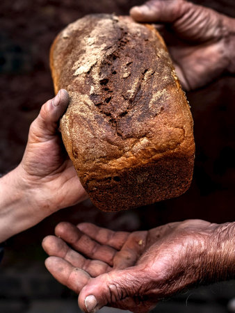 Hands of poor people shaking a loaf of bread. Poverty relief, welfare.の写真素材