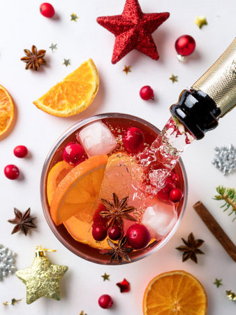 A beautifully arranged glass of wine accompanied by oranges, cinnamon, and assorted spices, showcasing a festive ambiance.の写真素材