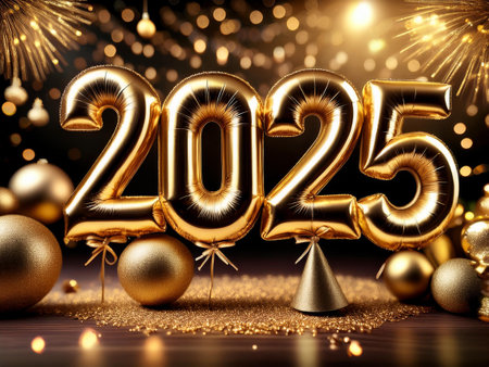 Gold balloon numbers forming 2025 with festive decorations and fireworks in the background, celebrating New Year's Eve.の写真素材