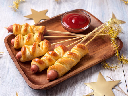 Delicious sausage skewers wrapped in golden-brown pastry served on a wooden platter with a side of ketchup, perfect for New Year party appetizers or snacks.の写真素材