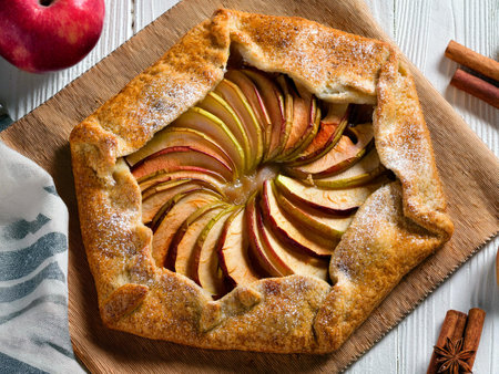 Homemade apple galette with rustic crust on a wooden board, surrounded by fresh apples and cinnamon sticks.の写真素材