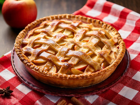 A traditional apple pie on a red checkered tablecloth, perfect for celebrating National Pie Day. Ideal for stock use in food, dessert, and holiday-themed content, evoking warmth anの写真素材