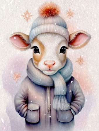 Charming watercolor artwork featuring a cow in a pastel hat and scarf, highlighting a delightful and festive atmosphere.の写真素材