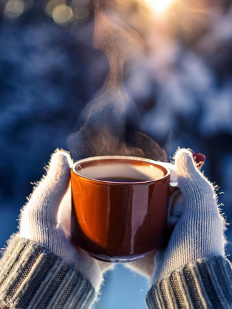 Hands in gloves grasping a cup of hot tea, symbolizing warmth and relaxation during a chilly moment.の写真素材