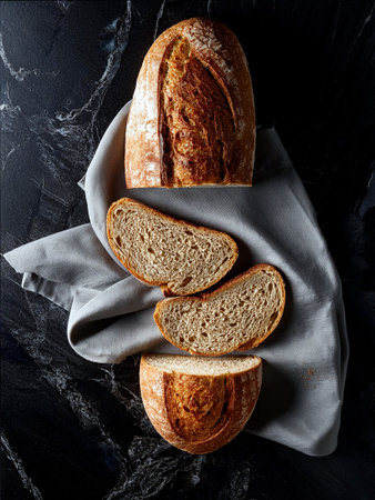 A rustic loaf of bread set against a black backdrop, showing its artisanal qualities and appealing texture.の写真素材