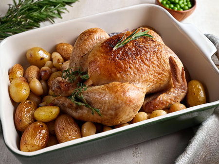 Roasted chicken with golden potatoes and green peas in a baking dish, garnished with fresh rosemary, on a rustic wooden table.の写真素材