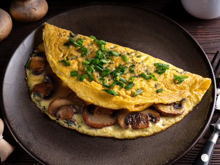Delicious mushroom omelet garnished with fresh herbs on a dark plate, perfect for a healthy breakfast or brunch option.の写真素材