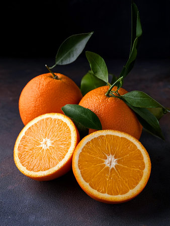 Two whole oranges with vibrant green leaves and one sliced orange showcasing juicy, segmented flesh. Perfect for concepts related to healthy eating, vitamin C, and natural foods.の写真素材