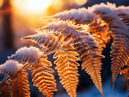Snow-covered ferns illuminated by the warm hues of the sunset in the background. A winter walk in...
