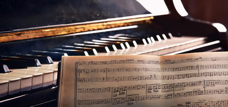 Title: Close-up of piano keys with a sheet of music in the foreground, capturing the essence of classical music and composition. Ideal for topics related to piano lessons, music thの写真素材