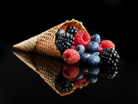 A waffle cone filled with fresh blueberries, raspberries, and blackberries on a reflective black surface, creating a vibrant and delicious fruit presentation.の写真素材