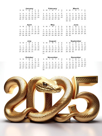 A captivating illustration symbolizing the year of the snake. 2025 printable calendar.の写真素材