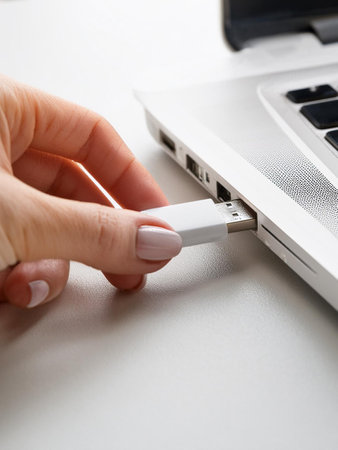 An individual displays a USB drive in front of a laptop, symbolizing technology and data management.の写真素材