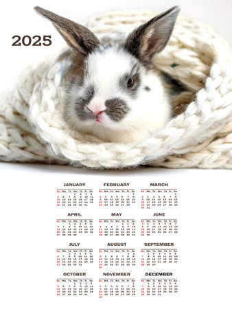 2025 calendar featuring a cute rabbit wrapped in a cozy knit blanket. Perfect for animal lovers.の写真素材