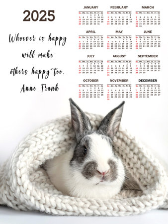 2025 calendar featuring a cute rabbit wrapped in a cozy knit blanket. Includes a quote: 'Whoever is happy will make others happy too.' Perfect for animal lovers.の写真素材