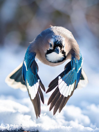 A blue jay in flight glides over a snow-covered field, its striking blue plumage contrasting with the wintery scene below.の写真素材