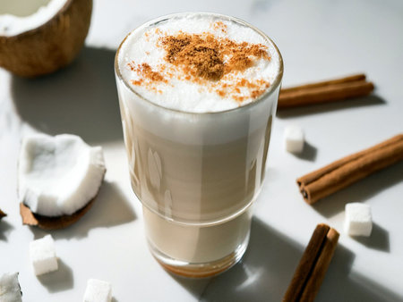 Coconut latte in a tall glass, coconut and cinnamon. Close up.の写真素材