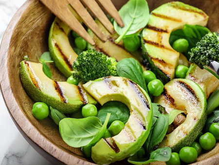 Fresh green vegetable salad in wooden bowl with grilled zucchini, avocado, peas, broccoli, and basil leaves, served with wooden salad tongs. Healthy vegan meal.の写真素材