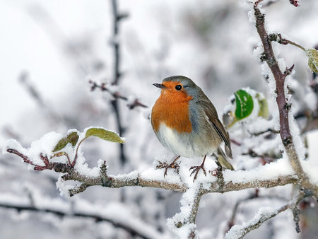 European robin perched on a frost-covered branch during winter, showing its vibrant orange chest against a blurred snowy background.の写真素材
