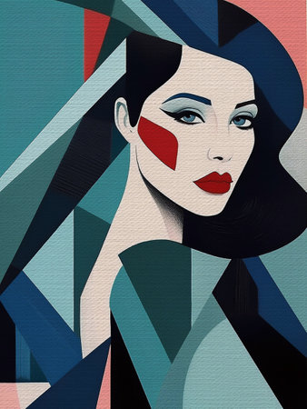 An abstract portrait of a woman with a nostalgic look, stylized facial features and contrasting geometric elements create a modern aesthetic inspired by cubism and art deco style.の写真素材