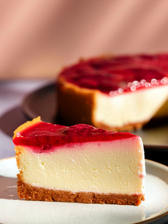 A delectable slice of raspberry-filled cheesecake on a plate, showing its creamy texture and vibrant color.の写真素材