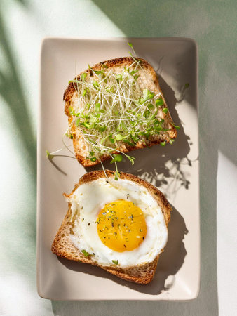 Open-faced fried egg sandwich on toasted bread, garnished with fresh green sprouts, served on a...
