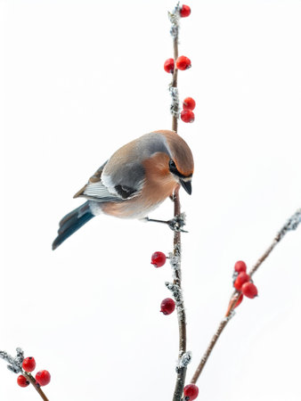 A bird sitting on a branch surrounded by vibrant red berries, showing nature's beauty and tranquilityの写真素材