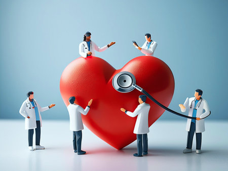 Miniature doctors surrounding a large red heart with a stethoscope, symbolizing heart health and medical care.の写真素材
