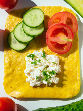 Homemade cottage cheese flatbread prepared to be wrapped together with a colorful array of fresh vegetables and cheese.の写真素材