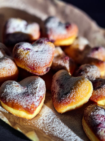 Heart-shaped mini donuts with powdered sugar on parchment paper, showing a warm golden brown tones, ideal for Valentine's Day or romantic occasions.の写真素材